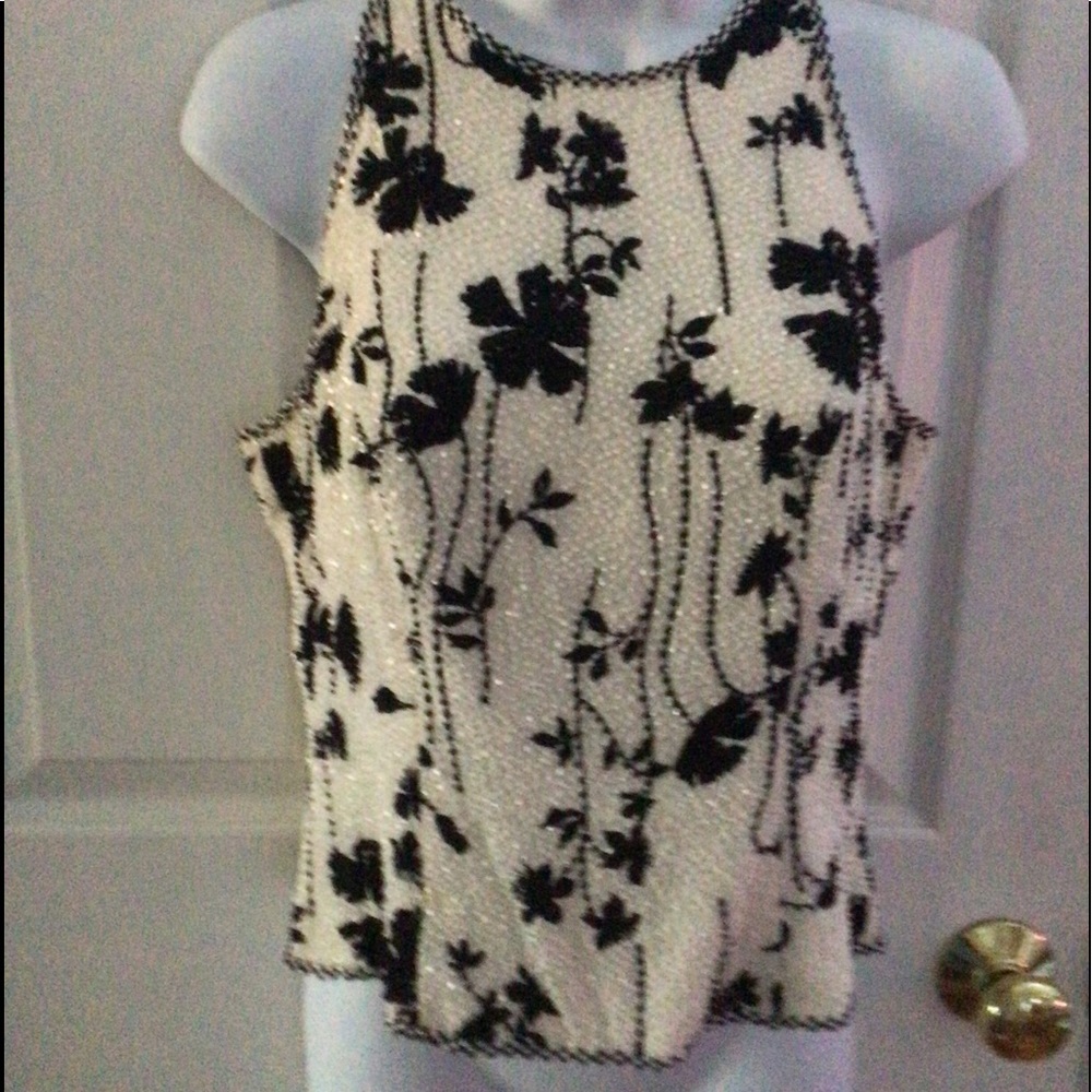 VINTAGE San Francisco Gorgeous  Silk Beaded Black White Tank Sz 4